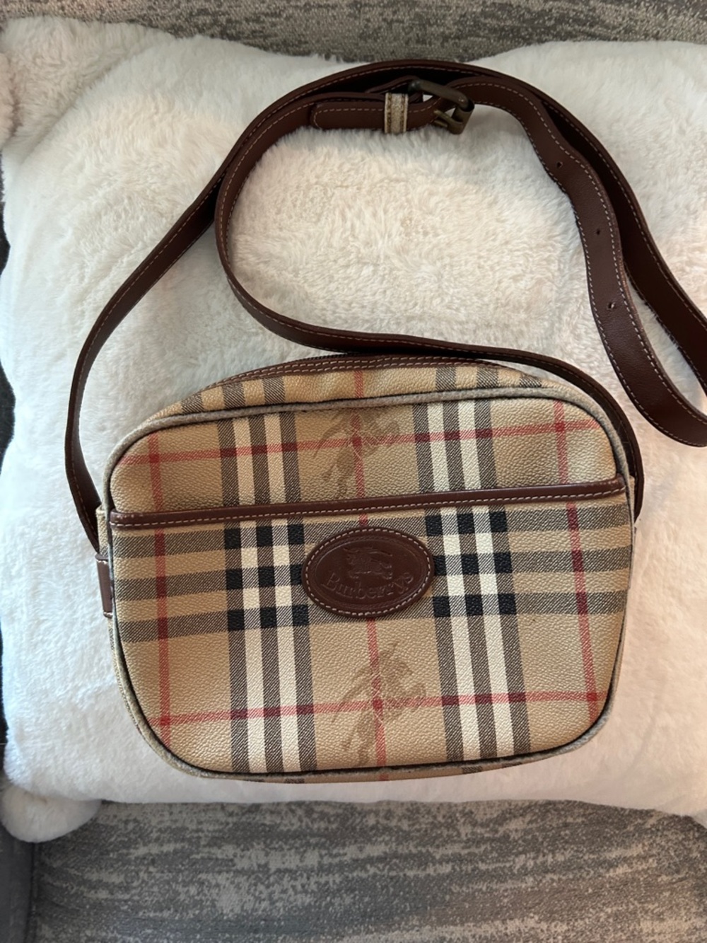 Burberry Tan Plaid Crossbody with Brown Leather Strap